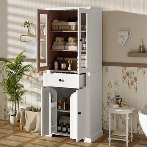 English Elm 67.2" Tall Bathroom Storage Cabinet with Tempered Glass Doors, Adjustable Shelves, Soft-Close Hinges and Anti-Tip Safety White N729P310006K