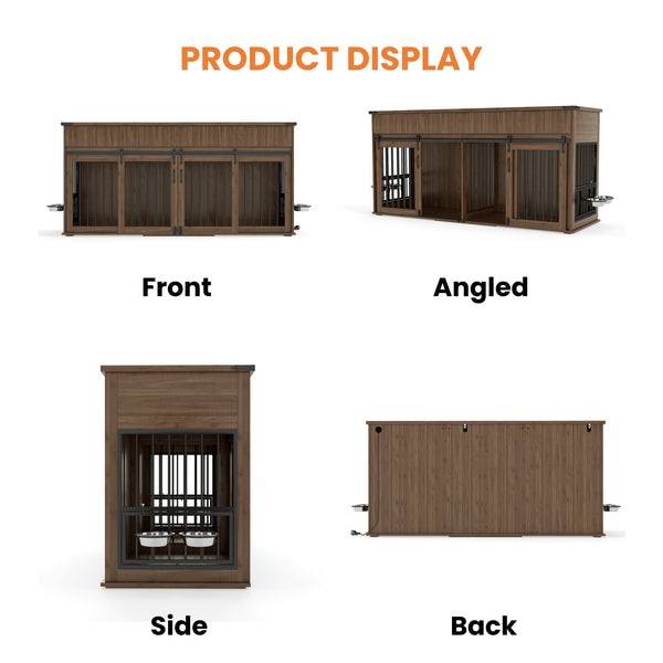 English Elm 71'' Walnut Woodgrain Dog Kennel Cabinet with Fluted Drawers and Built-in Power Station W5216S00002