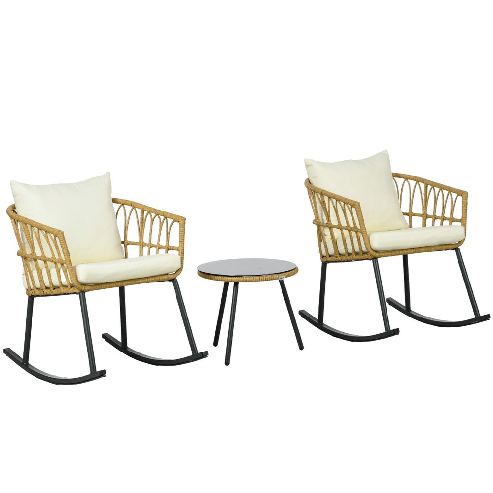 English Elm Outsunny 3-Piece Outdoor Bistro Set With Rocking Chairs & Glass Table, Cream Cushions, Durable Rattan W2225P200380-GIGA