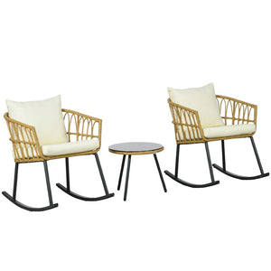 English Elm Outsunny 3-Piece Outdoor Bistro Set With Rocking Chairs & Glass Table, Cream Cushions, Durable Rattan W2225P200380-GIGA