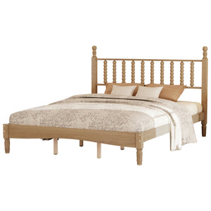 English Elm Queen Wood Platform Bed with Gourd-Shaped Headboard, Retro-Inspired Solid Frame, Slat Support, Sturdy Elegance Natural 64.8 L x 17.5 W x 9.5 H N733P206242M