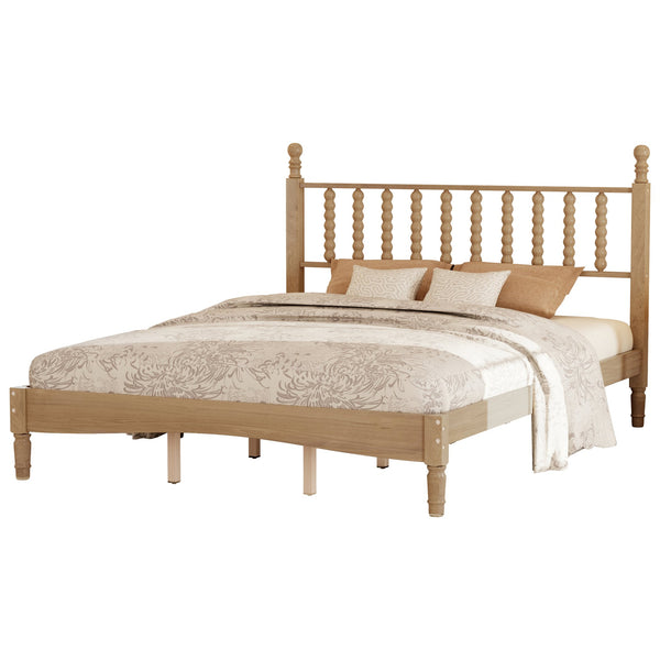 English Elm Queen Wood Platform Bed with Gourd-Shaped Headboard, Retro-Inspired Solid Frame, Slat Support, Sturdy Elegance Natural 64.8 L x 17.5 W x 9.5 H N733P206242M