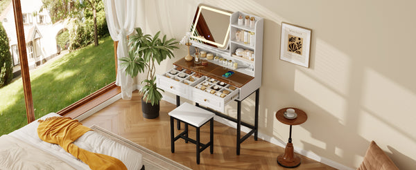English Elm Makeup Vanity Set with Rotating Led Mirror Amber Glass Top Drawers and Charging Station N704P385441K