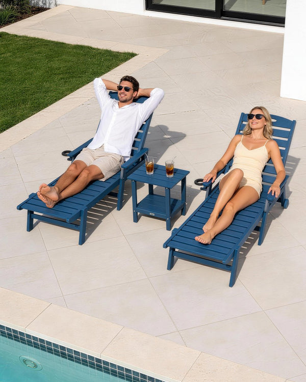 English Elm Pool Chaise Lounge Set Two Chairs Hdpe Outdoor Reclining Patio Sunbathing Furniture Blue W1859S00216