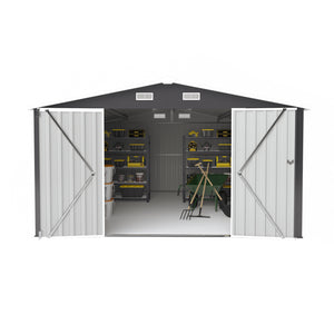 English Elm Campcraft Galvanized Steel Outdoor Storage Shed with Lockable Doors and Four Air Vents Dark Gray W1598S00022