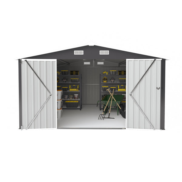 English Elm Campcraft Galvanized Steel Outdoor Storage Shed with Lockable Doors and Four Air Vents Dark Gray W1598S00022