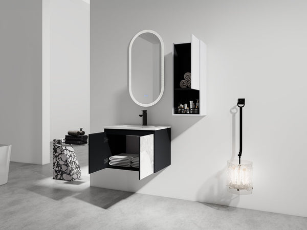 English Elm 24" Wall-Mounted Bathroom Vanity Set With Soft Close Doors, Ceramic Sink, And Side Cabinet Storage W999S00330