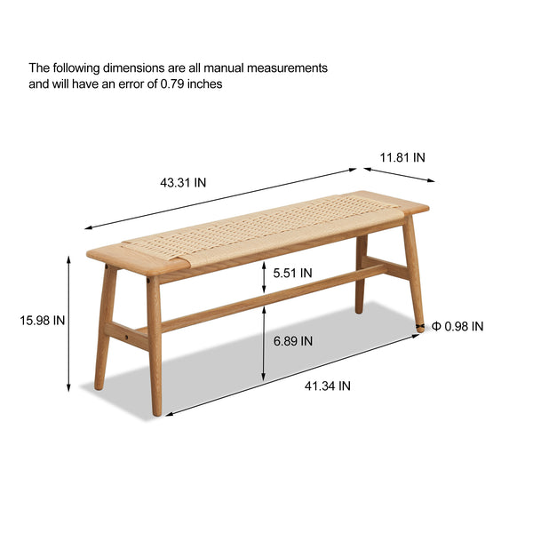 English Elm (1.1m) Handwoven Cane Seat Oak Bench Low Profile Frame for Bedroom or Entryway W128352203