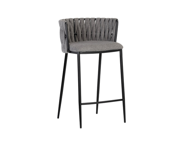 Sunpan Sarai Contemporary Barstool with Unique Weaved Backrest and Black Powder-Coated Steel Frame Belfast Koala Grey