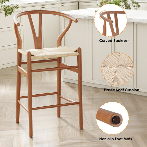 English Elm Wishbone Rattan Barstool with Woven Papercord Seat, Solid Ash Wood, Eco-Friendly Finish, Fully Assembled Walnut T3623P379825