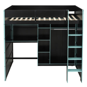 English Elm Full Size Loft Bed with Rgb Lighting Desk Open Wardrobe and Storage for Gaming Rooms Blue LT000277AAC