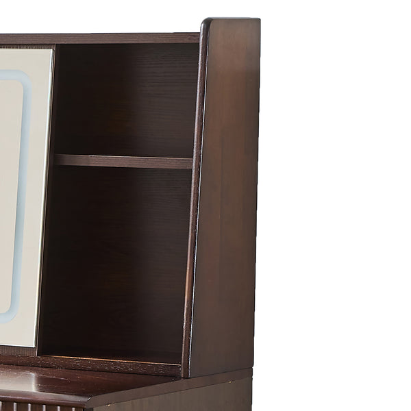 English Elm Elegant Walnut Makeup Vanity with Sliding 3-Color LED Mirror, Large Shelves, Fluted Drawer & Cabinet N844P257533W