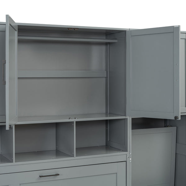 English Elm Twin Murphy Wall Bed with Integrated Closet Drawers and Desk for Studio Spaces Gray LP000595AAE-1
