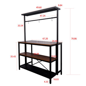 English Elm kitchen Island Table 3-Tier Bakers Rack with Microwave Shelf, Wood Grain Top, Metal Frame, Hooks & Stools Storage W331S00183