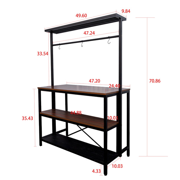 English Elm kitchen Island Table 3-Tier Bakers Rack with Microwave Shelf, Wood Grain Top, Metal Frame, Hooks & Stools Storage W331S00183