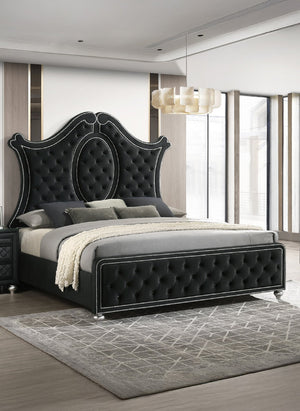English Elm 1Pc Queen Panel Bed - Luxurious Black Upholstery, Diamond Tufted Headboard & Elegant Nailhead Trim B2741S00234