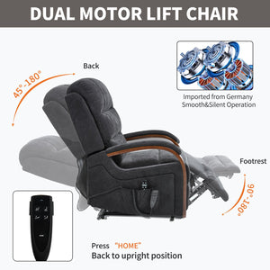 English Elm Power Lift Recliner Chair Chenille Upholstery Dual Motor Heat Massage Solid Wood Arms Black W1803S00076