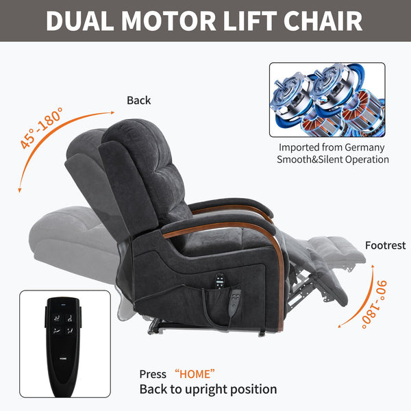 English Elm Power Lift Recliner Chair Chenille Upholstery Dual Motor Heat Massage Solid Wood Arms Black W1803S00076
