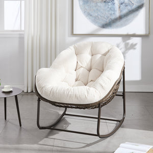 English Elm Outdoor Rattan Rocking Chair Oversized Hand-Woven Patio Egg Recliner with Plush Cushion Comfortably Rocking White W640P271521