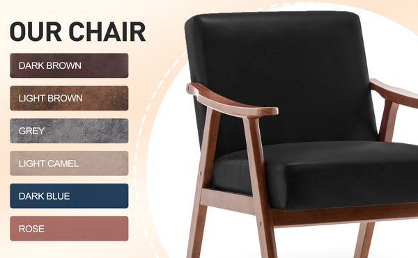 English Elm Mid-Century curved armchair with solid wood frame, extra-thick backrest, comfy lounge seat for home decor Black PU W2200P186174