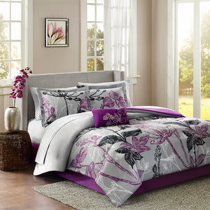 Madison Park Essentials Claremont Transitional 7 Piece Comforter Set with Cotton Bed Sheets MPE10-021 Purple