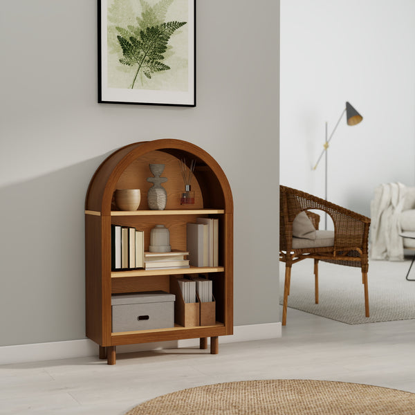 English Elm Arched Three Tier Bookshelf White Frame Woodgrain Shelves Modern Storage for Any Room W2557P428369