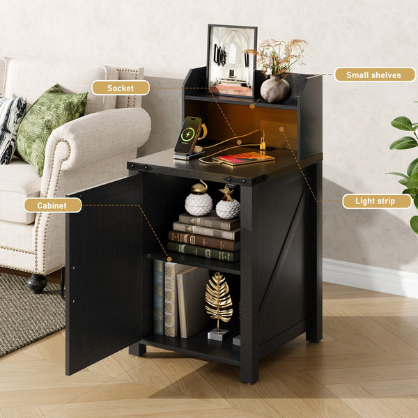 English Elm OKD Farmhouse Nightstand with Built-In Charging Station, Barn Door Accent, Adjustable Storage Shelf and Sturdy Frame Black W1550P311285
