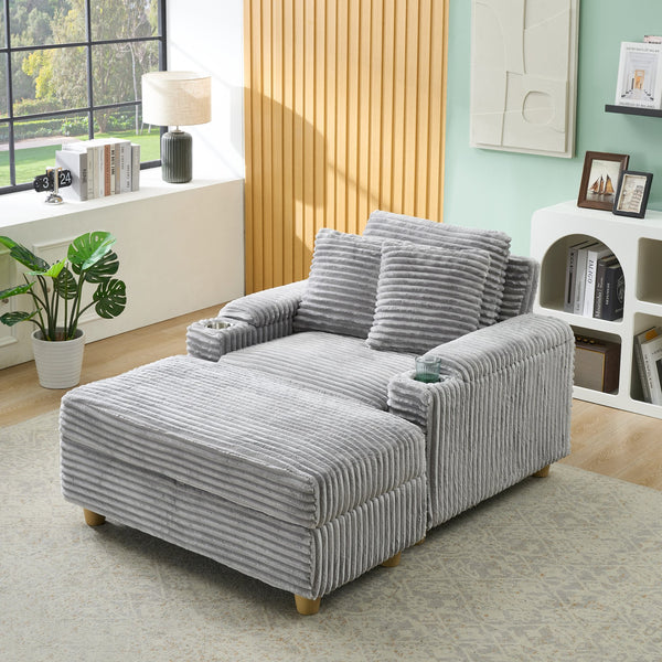 English Elm Grey corduroy single sofa with ottoman storage, built-in armrest compartments, washable covers, 500lb capacity W1658S00139