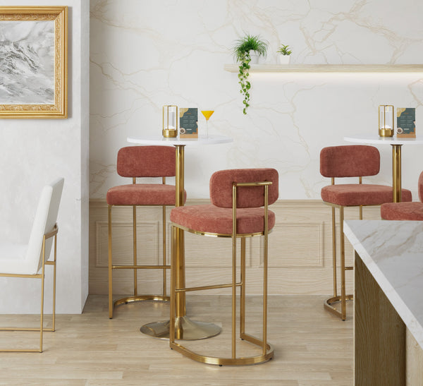 English Elm Fixed-height Barstools Powder Coated Steel Frame Brown Upholstered Seat Set of Two Gold,Salmon B202P471219