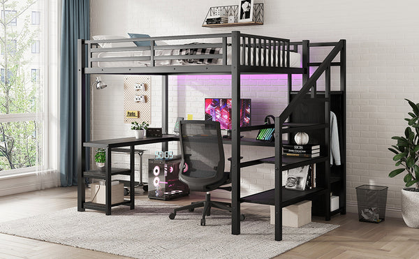 English Elm Metal Full Loft Bed with Wardrobe, LED, L-Desk & USB Ports — Space-Saving Full Size Bunk for Kids Teens Adults W2593S00008