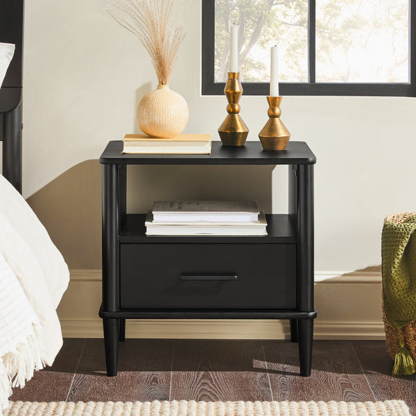 English Elm Walker Edison - Transitional Solid Pine Spindle Nightstand with Drawer and Open Cubby, Minimalist Handles, Low-Profile Black 26 L x 18.75 W x 5.5 H B185P168937