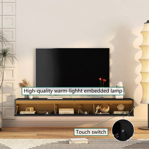 English Elm Floating Wall TV Stand with LED Touch Light, High-Gloss Black Cabinet, 3 Plugs 2 USB Ports, Cord Management W1321P176417