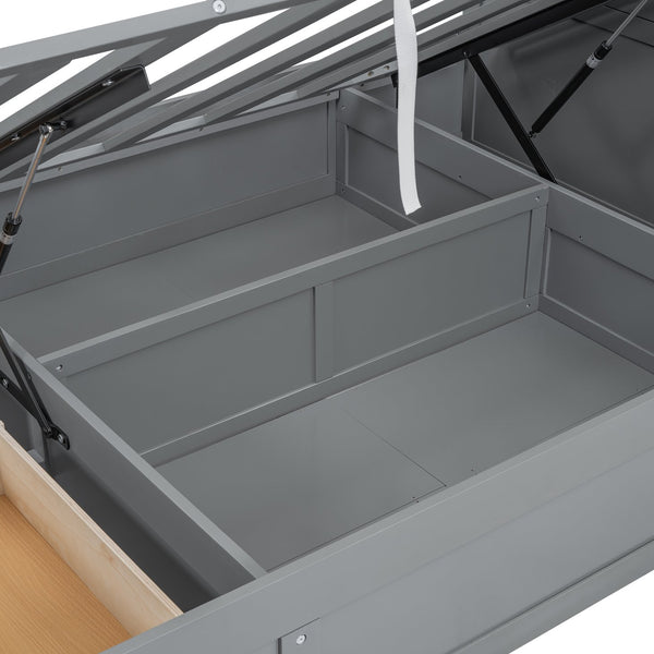 English Elm Wood Full Size Hydraulic Platform Bed with LED Headboard, Charging Station, Hidden Storage Drawers and Shelves Gray GX000371AAE