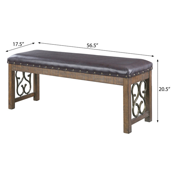 English Elm Black Black and Weathered Cherry Bench with Nailhead Trim, PU Leather Upholstery, Sturdy Pedestal Bases, Elegant Dining Accent — 56.5" Length B062P189064