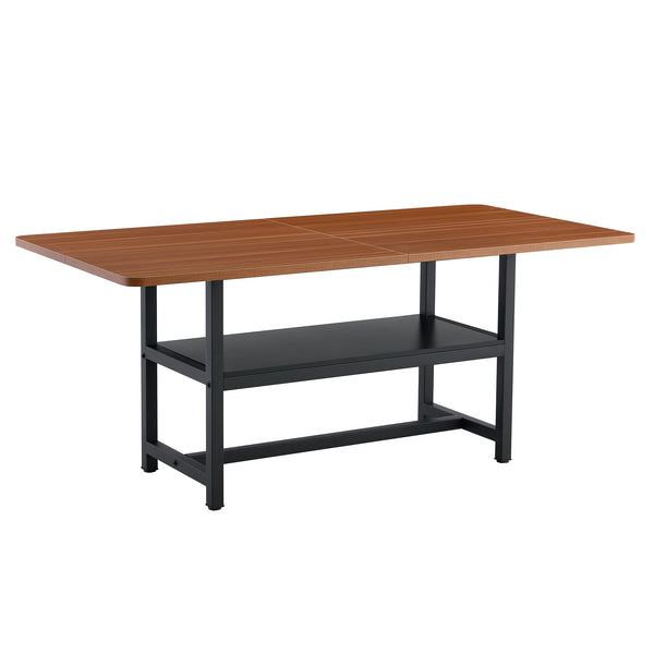 English Elm 71 Inch Fashionable Walnut Grain Dining Table with Sturdy Metal Legs, Scratch-Resistant MDF Top, Storage Shelf, Minimalist Design Walnut+black W1151P364851