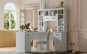 English Elm L-Shaped Corner Desk with 3 Cabinets, 2 Drawers & 11 Shelves, Built-In Power Outlet for Home Office White W1580S00188