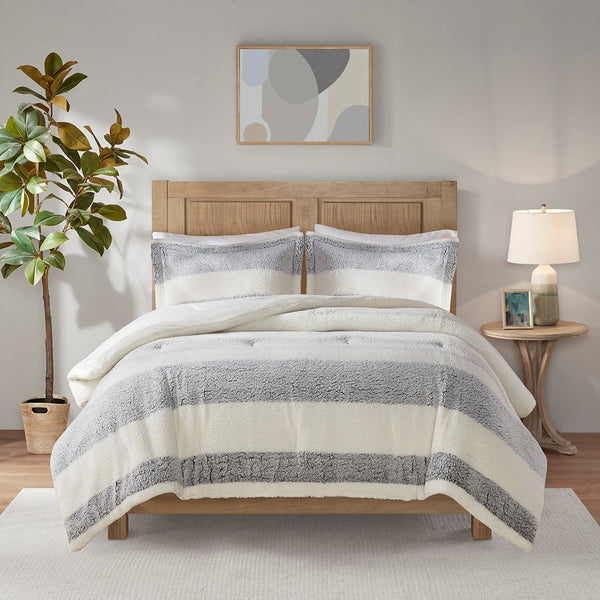 English Elm Twin Sherpa Comforter Set - Farmhouse Striped Sherpa, Oeko-Tex Softness, Reversible Mink, Machine Washable B035129371