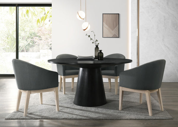English Elm Jacopo Round Pedestal Dining Set with Four Upholstered Barrel Chairs in Modern Style B2749S00288