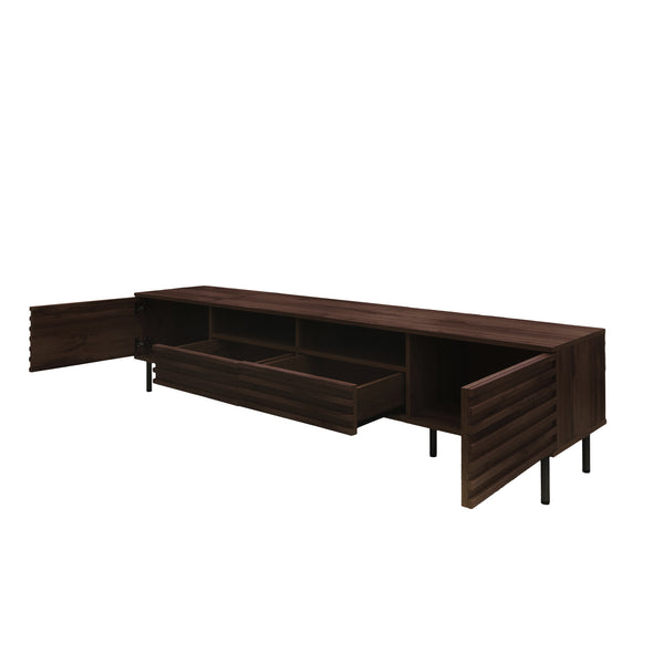 English Elm 78 Inch Walnut Media Console with Slatted Doors Iron Legs and Cable Management N710P373591Q