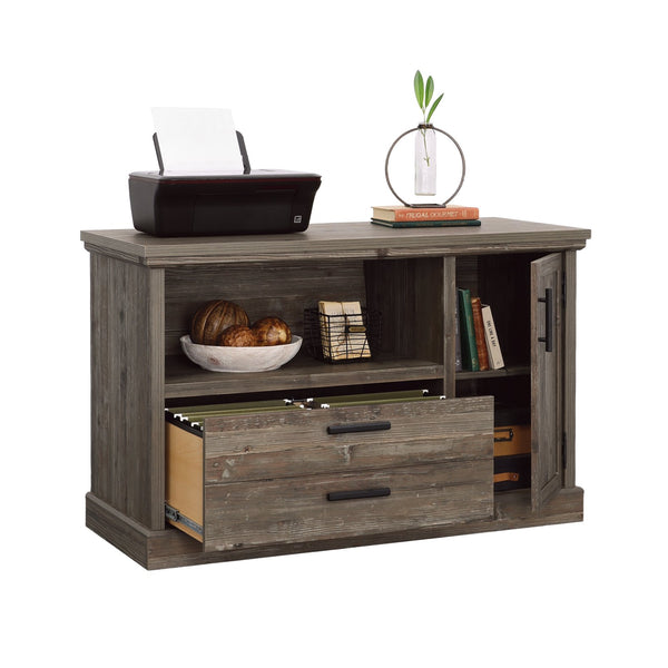 English Elm File Credenza Brown Finish with Adjustable Shelf, Durable Engineered Wood, Black Metal Accents, Spacious Storage B356P367839