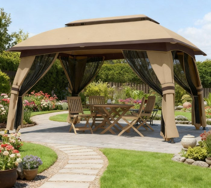 English Elm Large Vented Two-tier Patio Gazebo with Mesh Netting Steel Frame Backyard Shelter Beige T3971P425969