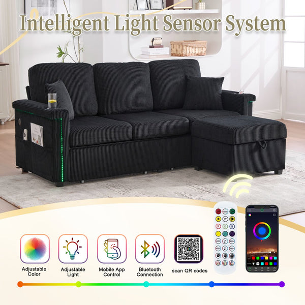 English Elm UNITED Corduroy L-Shaped Sectional Sofa with Storage Ottoman, USB Ports, Cup Holders & LED Lighting Black W1568P332409