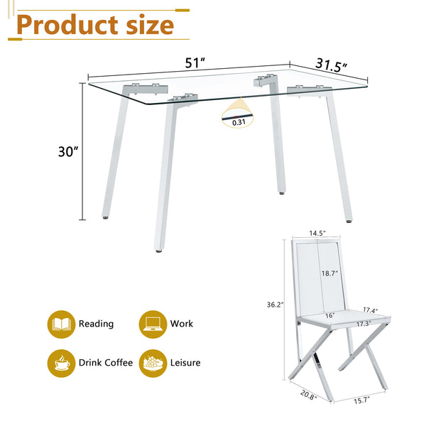 English Elm Table and Chair Set Tempered Glass Top with Silver Metal Legs Modern Luxury Dining for Four Transparent,White+Silver W1151S04788