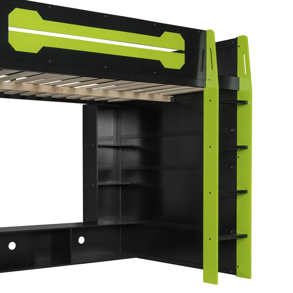 English Elm Full Size Wood Loft Bed with Rgb Lighting Desk Storage and Gaming Console Shelf Green LT000260AAG