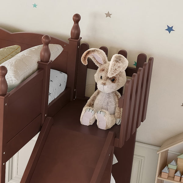English Elm Twin Loft Bed Solid Pine Frame with Wardrobe Shelving Detachable Slide Kids Room Antique Natural W5305S00020