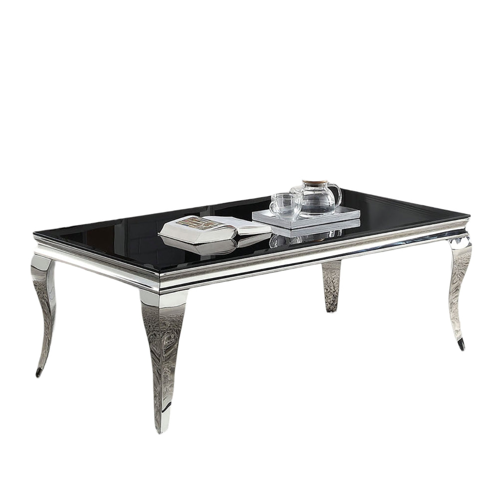 English Elm Glam Stainless Steel Coffee Table with Beveled Tempered Glass Top and Elegant Cabriole-Style Legs Black,Silver 55 L x 30 W x 4 H B011S01173