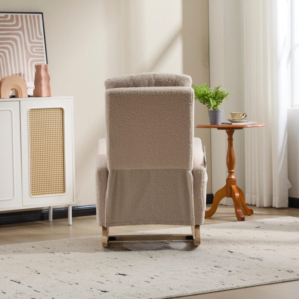 English Elm Modern Upholstered Glider Rocker with Teddy Fabric High Back and Rubberwood Base Beige W3723P409075
