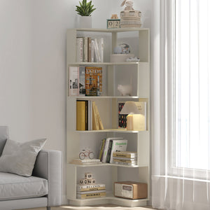 English Elm 6 Tier Freestanding L-Shaped Corner Bookshelf with Anti-Tip, Rounded Corners, 3D Wood Grain Finish White Oak W2899P372515