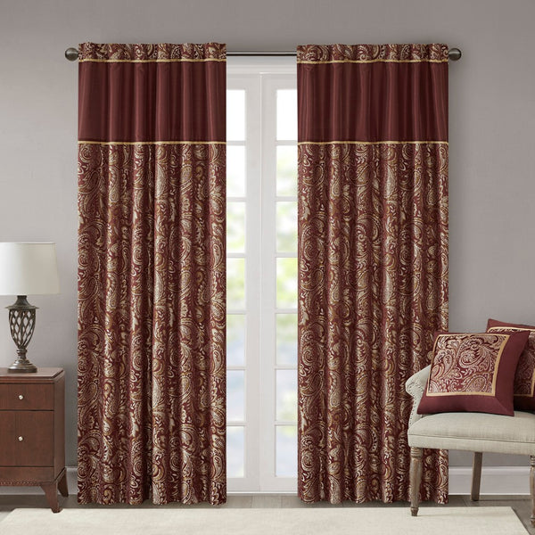 English Elm Jacquard Curtain Panel Pair - Luxurious Paisley Weave In Rich Burnt Red & Gold For Elegant Spaces B03598086