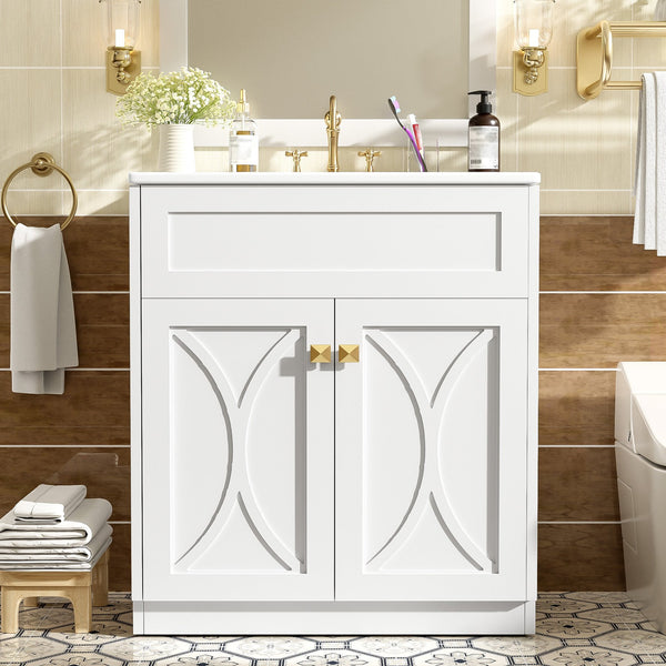 English Elm 30'' Bathroom Vanity With Ceramic Sink Combo - Modern Freestanding Cabinet, Gold Handles & Soft-Close Doors N710P194898K